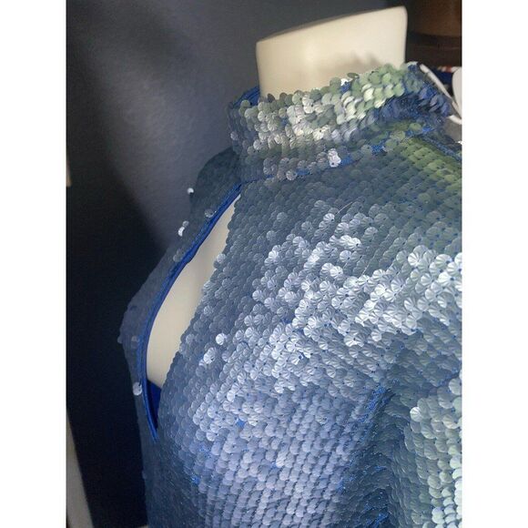 Boohoo Sequin High Neck Cut Out Smock Dress Size 10  Blue Sparkly Mini - Picture 6 of 12